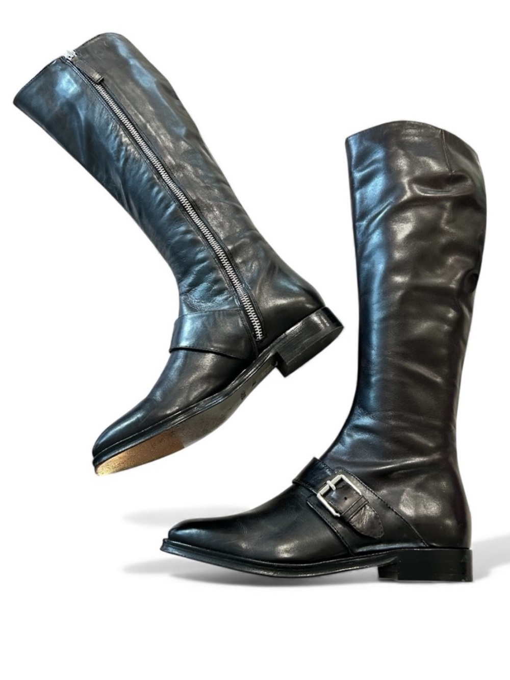 KENZO Black Leather Knee High Riding Boots Silver Buckle Flat Moto Tall 34.5